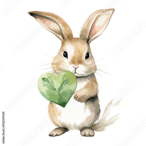 watercolor pet rabbit with a heart-shaped leaf illuSTRATION
