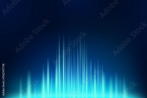 Illustration with neon glow on dark background with empty space. Neon light beams in darkness, neon figures, smoke. Empty stage background. Abstract dark background