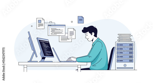 Software developer coding on computer in his workspace