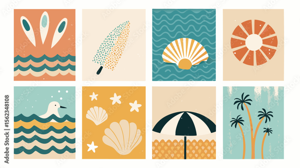 Naklejka premium Eight Naive Art Style Summer Illustrations with Seashells Palm Trees and Beach Elements