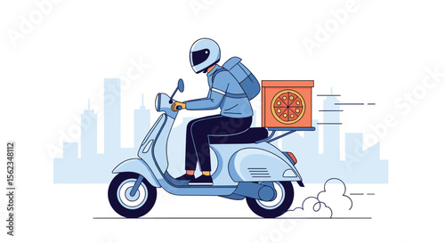 Pizza delivery on scooter in cityscape background illustration