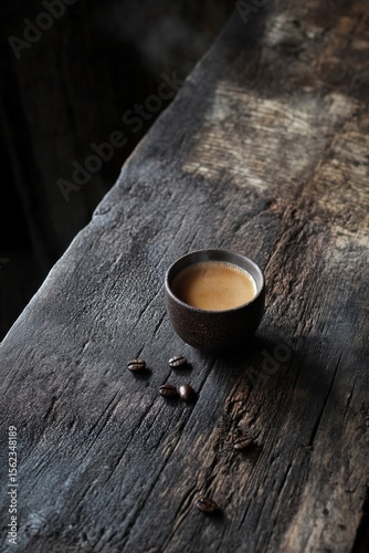 Cup of coffee on rustic wooden surface