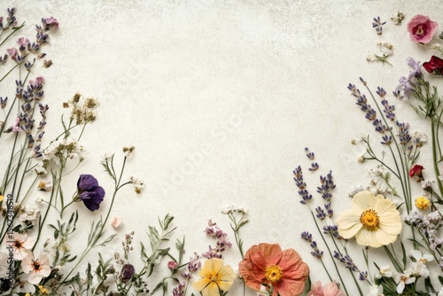 Botanical border of spring flowers on cream background