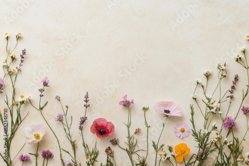 Spring flowers border on soft pastel backdrop