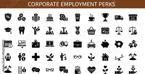 Employee benefits and perks vector icon set for hr and company advantages