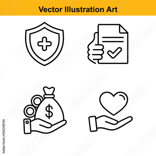 Vector art of icons depicting health insurance, document approval, money, and charity