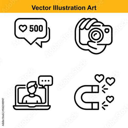 Vector art of icons showing social media likes, camera, laptop, and magnet attraction