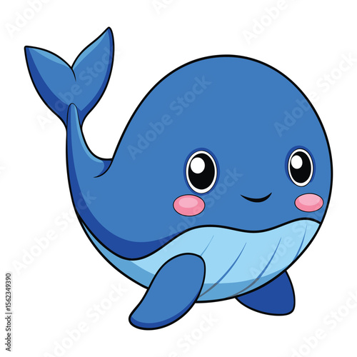 Cute cartoon blue whale with big eyes and smiling face isolated on transparent background