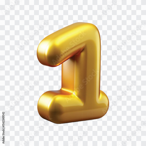 3D Gold Number 1 Icon | First Place Ranking Symbol, Numeric Digit Award Element