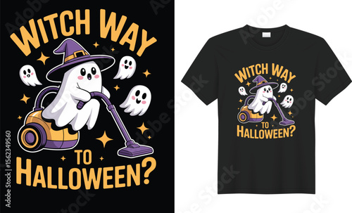 Kawaii ghost wearing witch hat riding vacuum with “Witch way to Halloween?” text on black background