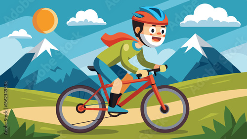 Cyclist Mountain Biking Adventure Cartoon Character Riding a Bike Through Scenic Landscape Illustration