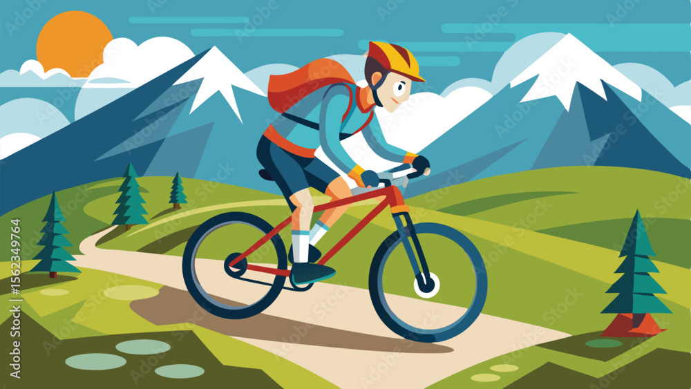 Fototapeta premium Cyclist Riding a Red Mountain Bike on a Trail with Mountain View