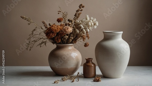 Pale Sienna Ceramic Jar and White Vase with Dried Flowers Still Life


