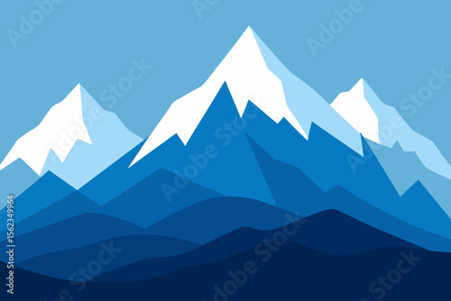 Minimalist Mountain Range Illustration with Snowcapped Peaks and Blue Gradient Layers