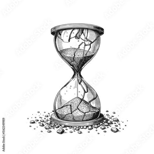 A shattered hourglass symbolizes the fleeting nature of time, with broken glass and grains of sand.