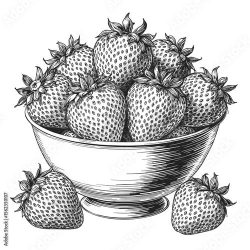A beautifully detailed monochrome illustration showcases a bowl filled with plump, ripe strawberries, a classic still life that highlights the simple beauty of nature's bounty.