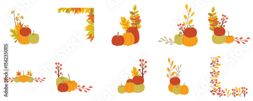 Set of vector corner with leaves and stack of orange, yellow and green pumpkin frames for fall, autumn vector template for Thanksgiving day isolated on white background