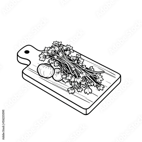 A wooden chopping board with fresh herbs