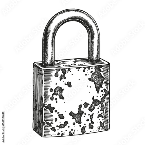 A detailed, vintage, hand-drawn illustration depicts a weathered padlock, showcasing its aged texture and sturdy design, evoking a sense of security and history.