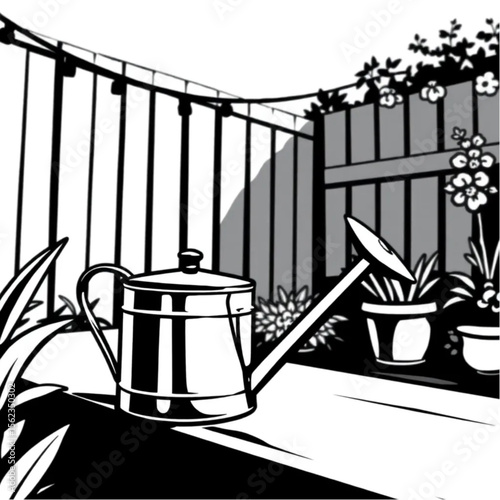 A metal watering can on a patio