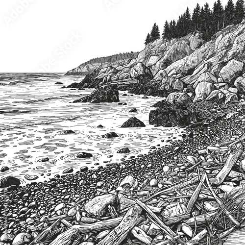 A serene monochrome illustration captures a rugged coastal scene where the ocean meets a rocky shoreline. A detailed artistic illustration of the shore and water shows the rough terrain.