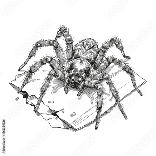 An intricate illustration captures the intricate detail of a tarantula, perched majestically upon a fragment of paper, meticulously crafted with pen and ink.