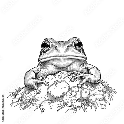 A detailed illustration captures a contemplative frog sitting atop a stone, its gaze fixed with quiet introspection. vector illustration