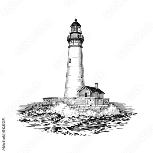 A majestic lighthouse stands steadfast amidst a churning sea. Its beacon, a symbol of guidance, pierces through the dark waves, a testament to enduring strength and unwavering hope.