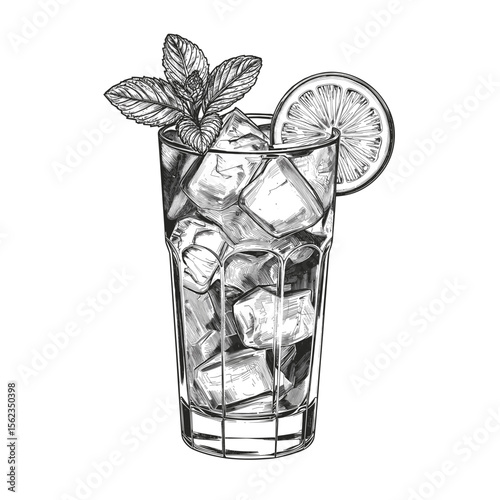 Refreshing iced tea with mint and lemon in tall glass. vector illustration
