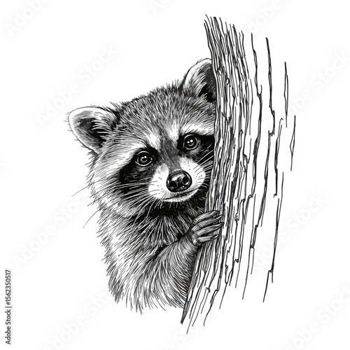 A charming raccoon peeks from behind a tree, its intelligent eyes and detailed fur, in a photorealistic artwork style. vector illustration