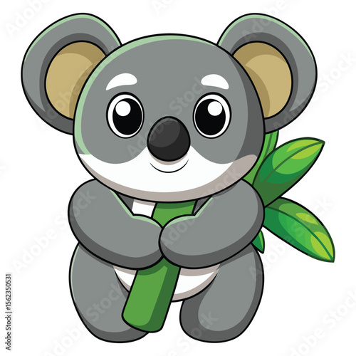 Cute cartoon koala bear holding a green bamboo stalk isolated on transparent background