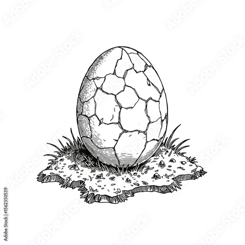 A detailed monochrome illustration of a cracked egg on a bed of grass, symbolizing new beginnings. A fresh start with life itself. vector illustration