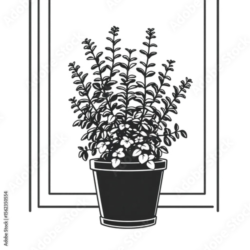A potted oregano plant on a kitchen windowsill