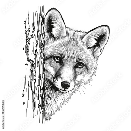 A curious red fox peers playfully from behind a textured tree trunk, its alert eyes and delicate features captured in a detailed monochrome line drawing. vector illustration