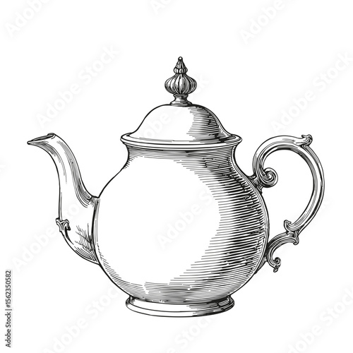 An elegant, hand-drawn teapot illustration, exuding classic charm, with an intricate handle and spout, perfect for adding sophistication to your design.