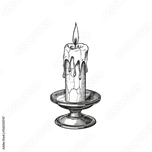 A vintage candle in a classical candleholder, with a flame flickering delicately. the monochrome style accentuates the texture of the wax and the play of light and shadow.