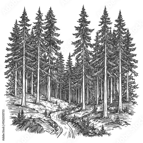 A detailed ink illustration depicts a serene forest scene, focusing on the grandeur of towering evergreens and a winding path inviting exploration and discovery. 