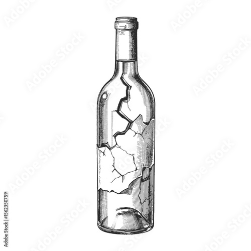 The image captures a vintage-style black and white sketch of a cracked bottle, symbolizing fragility, damage, or the passage of time. vector illustration