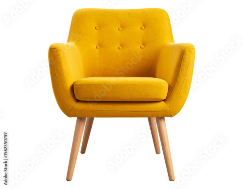 A yellow chair with wooden legs. Png format.