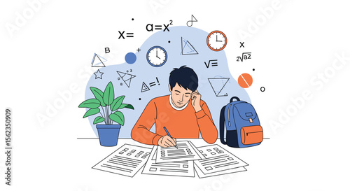 Student studying math with paper clock and equations around
