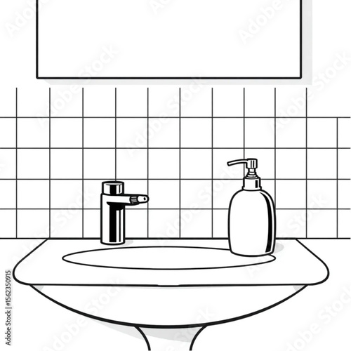 A ceramic soap dispenser by a bathroom sink