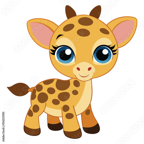Cute cartoon baby giraffe with big blue eyes isolated on transparent background