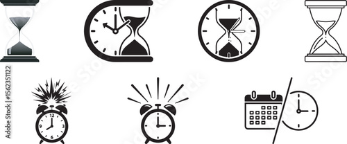 Time Management, Deadline Reminder, Productivity Concept, Calendar Planning, Alarm Icon – Vector Clock and Hourglass Icon Set Adobe Illustrator Artwork
