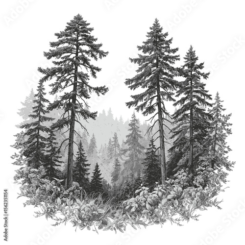 Serene winter forest landscape, majestic evergreens stand tall amidst a tranquil snowy scene. vector illustration