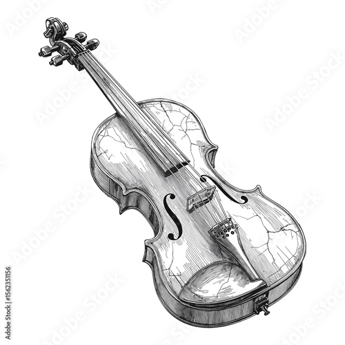 A detailed monochrome illustration of a violin, showcasing its intricate design and elegant curves. This artistic rendering captures the essence of music and craftsmanship.