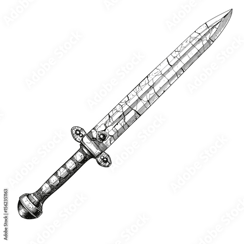 A detailed illustration of a historical sword featuring a long, patterned blade and a distinctive hilt, the weapon evokes a sense of ancient conflict. vector illustration
