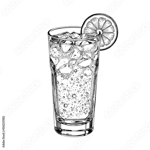 Refreshing Gin and Tonic Sketch with ice cube and lemon, A classic cocktail illustration for menus, bar decor, or summer themes. vector illustration