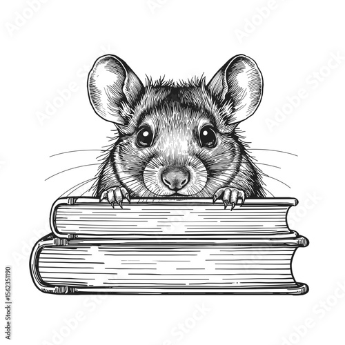 A whimsical illustration of a cute mouse perched atop a stack of books, rendered in a monochrome line art style, showcasing an adorable fusion of curiosity and intelligence.