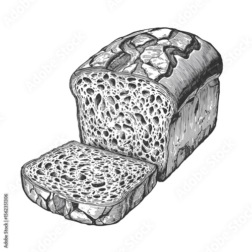 An intricately drawn image of freshly baked artisanal bread, evoking the essence of homemade food. showing details of texture and the comforting simplicity of bread.