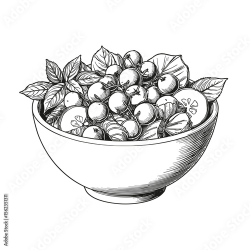 A fresh and inviting sketch of a bountiful bowl of vibrant salad, showcasing the wholesome freshness of each ingredient with precise linework. vector illustration  